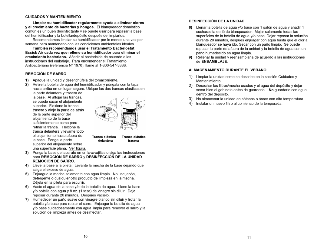 Essick Air 7D6 100 manual Cuidados Y Mantenimiento, Remoción DE Sarro, Desinfección DE LA Unidad 