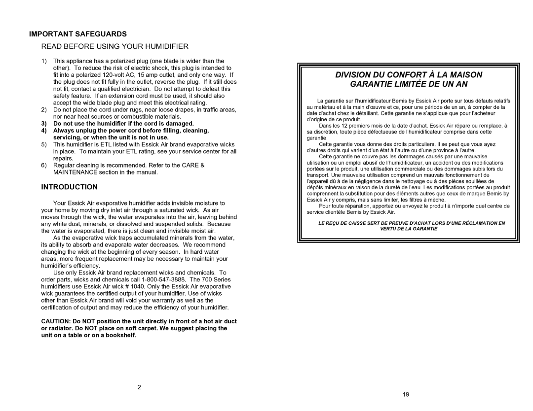 Essick Air 7D6 100 manual Important Safeguards, Introduction 