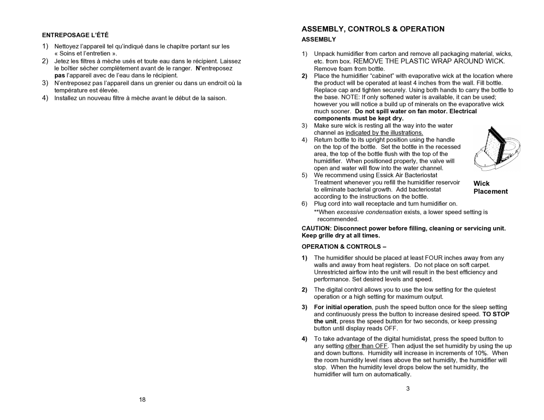 Essick Air 7D6 100 manual ASSEMBLY, Controls & Operation, Entreposage L’ÉTÉ, Assembly, Operation & Controls 