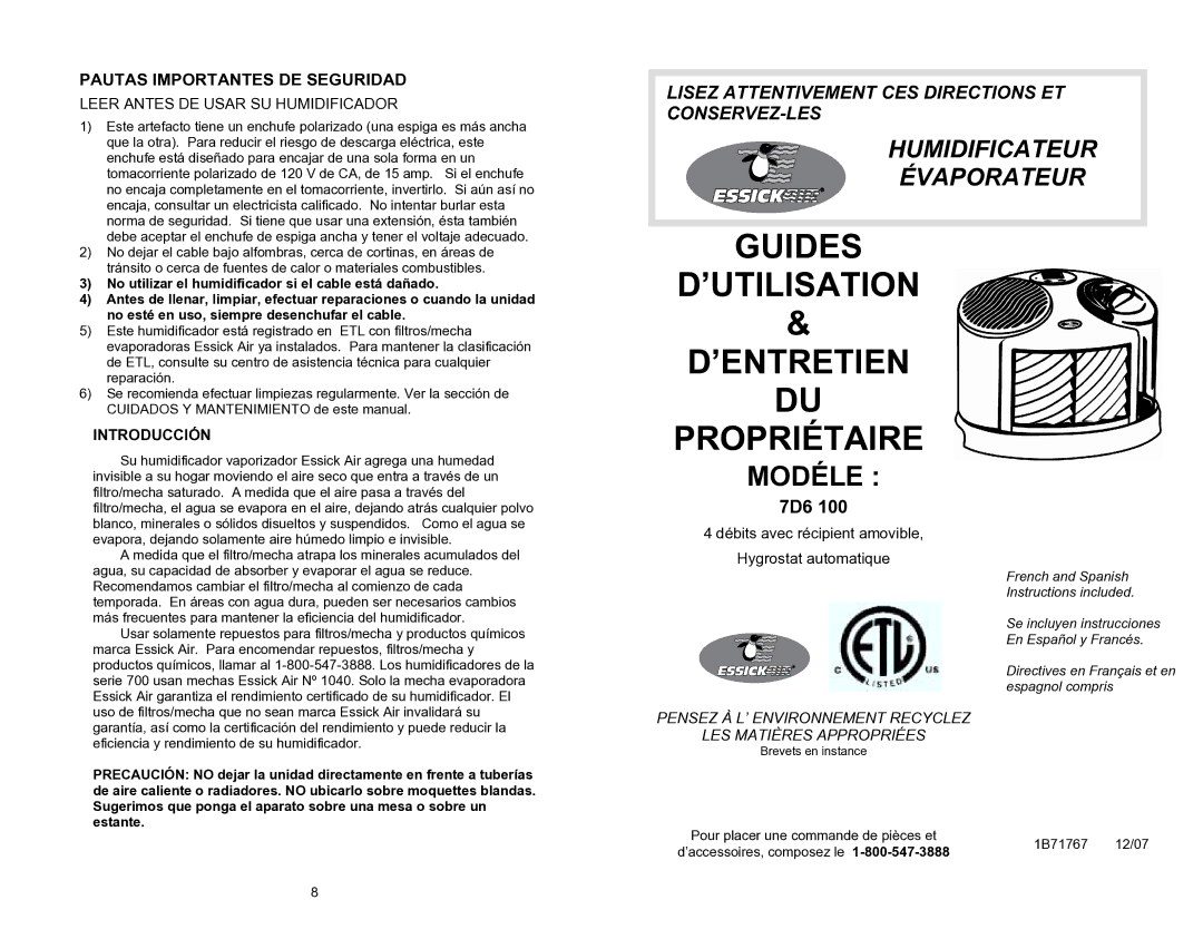 Essick Air 7D6 100 Guides ’UTILISATION ’ENTRETIEN Propriétaire, Modéle, Pautas Importantes DE Seguridad, Introducción 