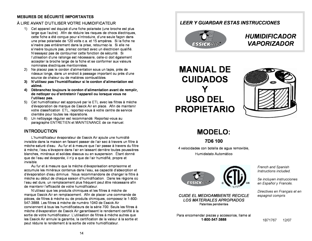 Essick Air 7D6 100 Manual De Cuidados Y Uso Del Propietario, Modelo, Humidificador Vaporizador, Los Materiales Apropiados 