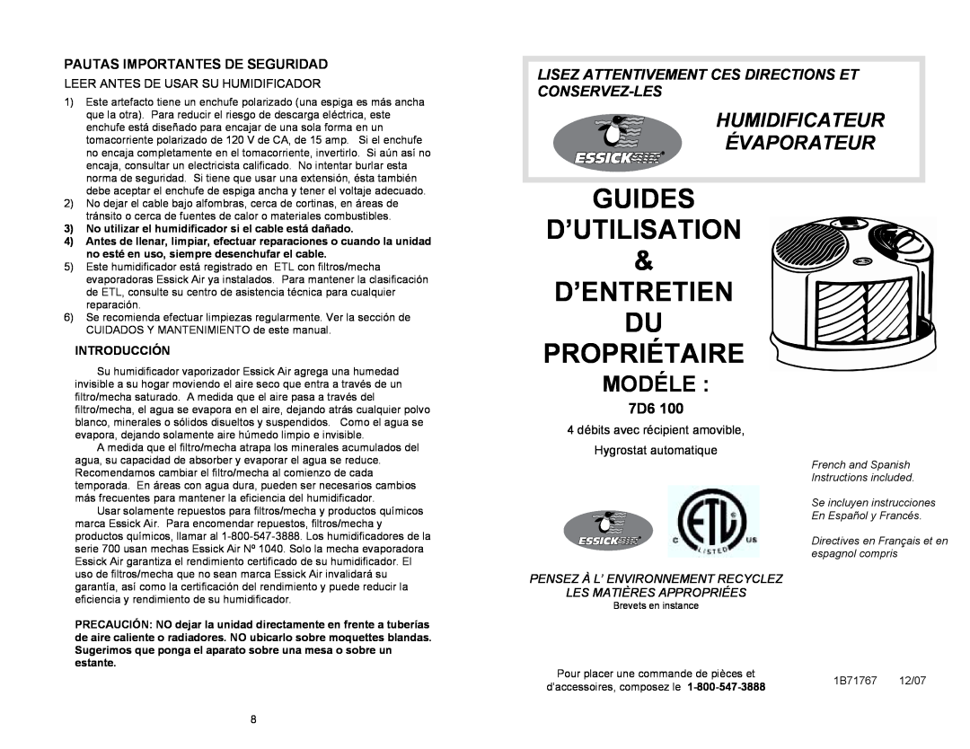 Essick Air 7D6 100 Guides D’Utilisation, D’Entretien Du Propriétaire, Modéle, Humidificateur Évaporateur, Introducción 