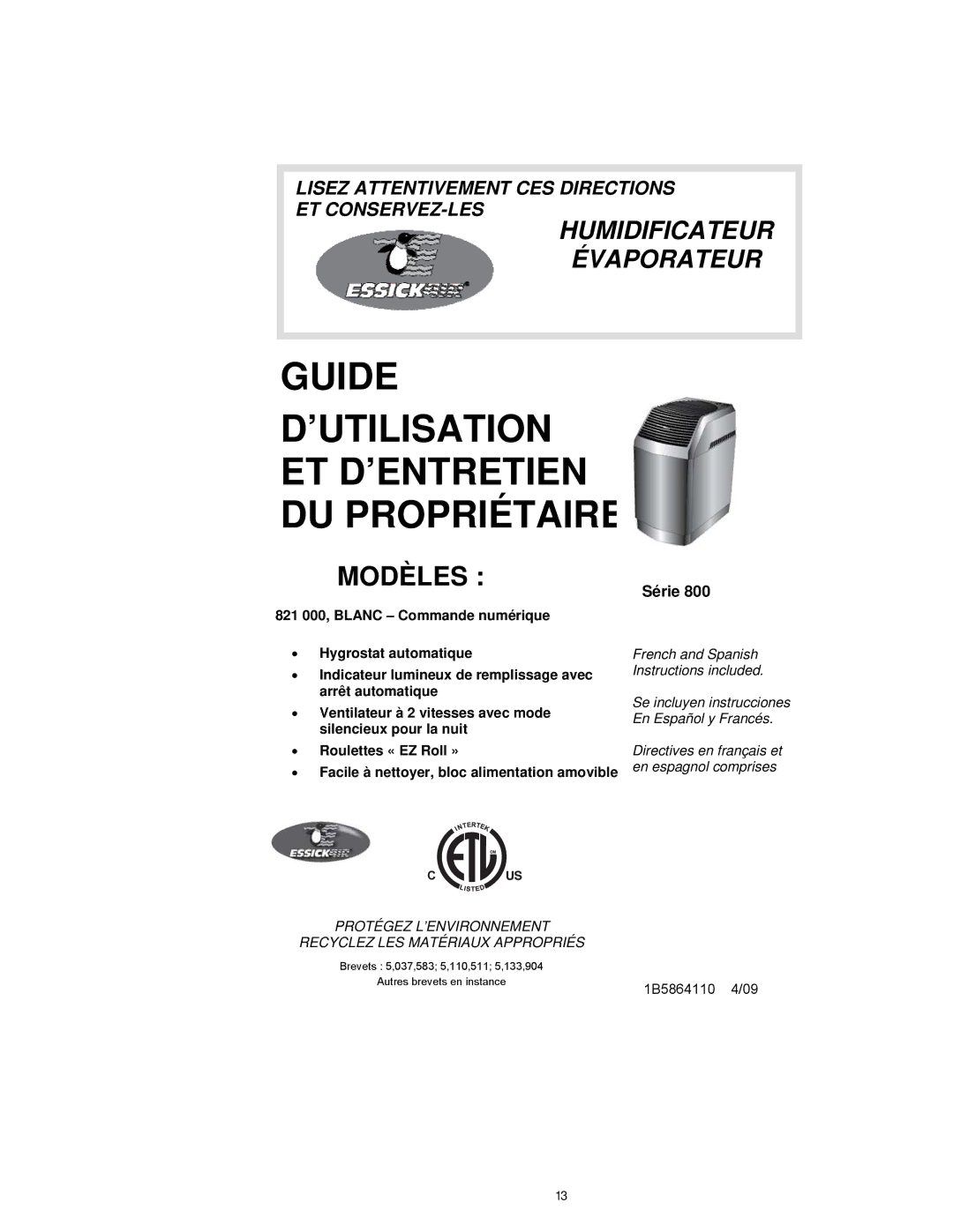 Essick Air 821 000 manual Guide ’UTILISATION ET D’ENTRETIEN DU Propriétaire 