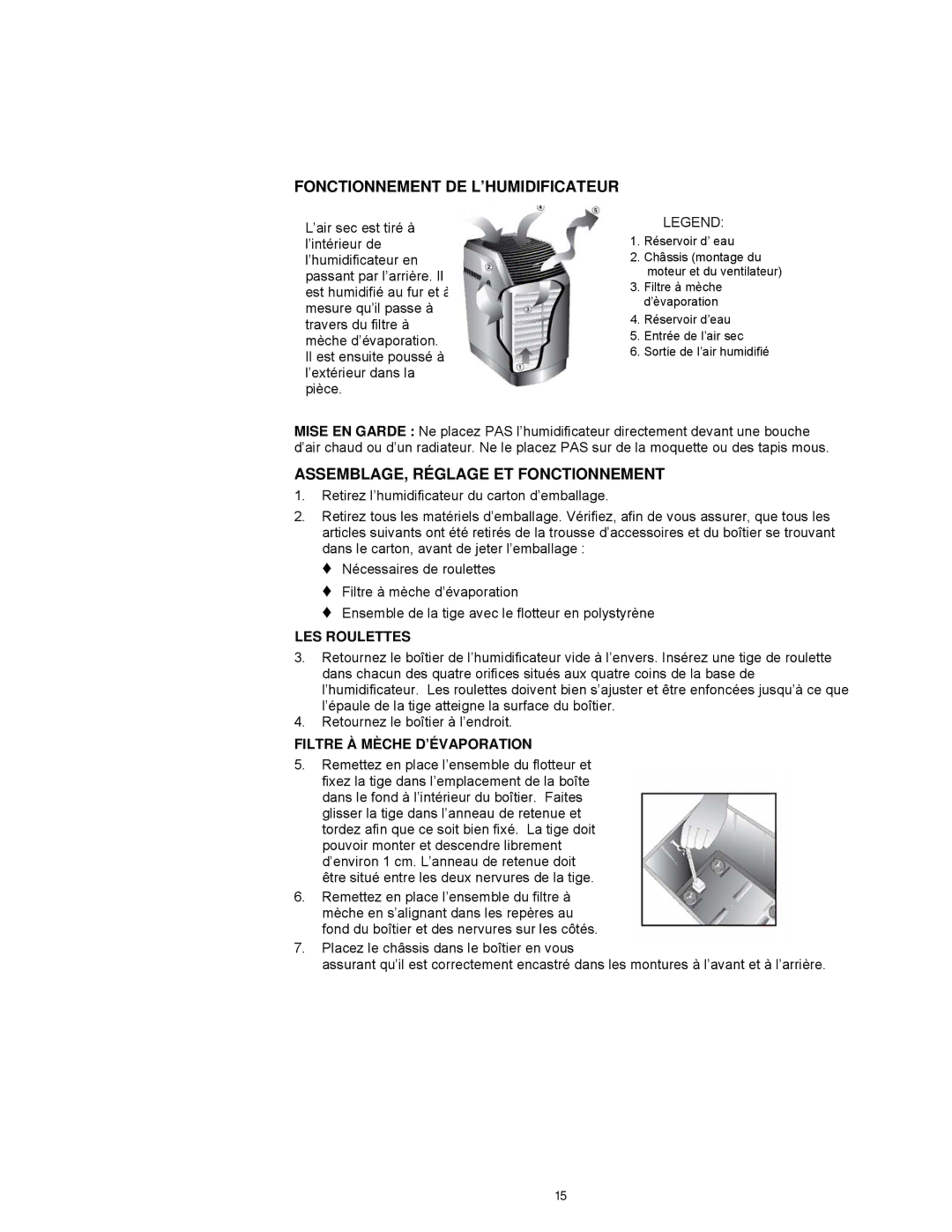 Essick Air 821 000 manual Fonctionnement DE L’HUMIDIFICATEUR, ASSEMBLAGE, Réglage ET Fonctionnement, LES Roulettes 