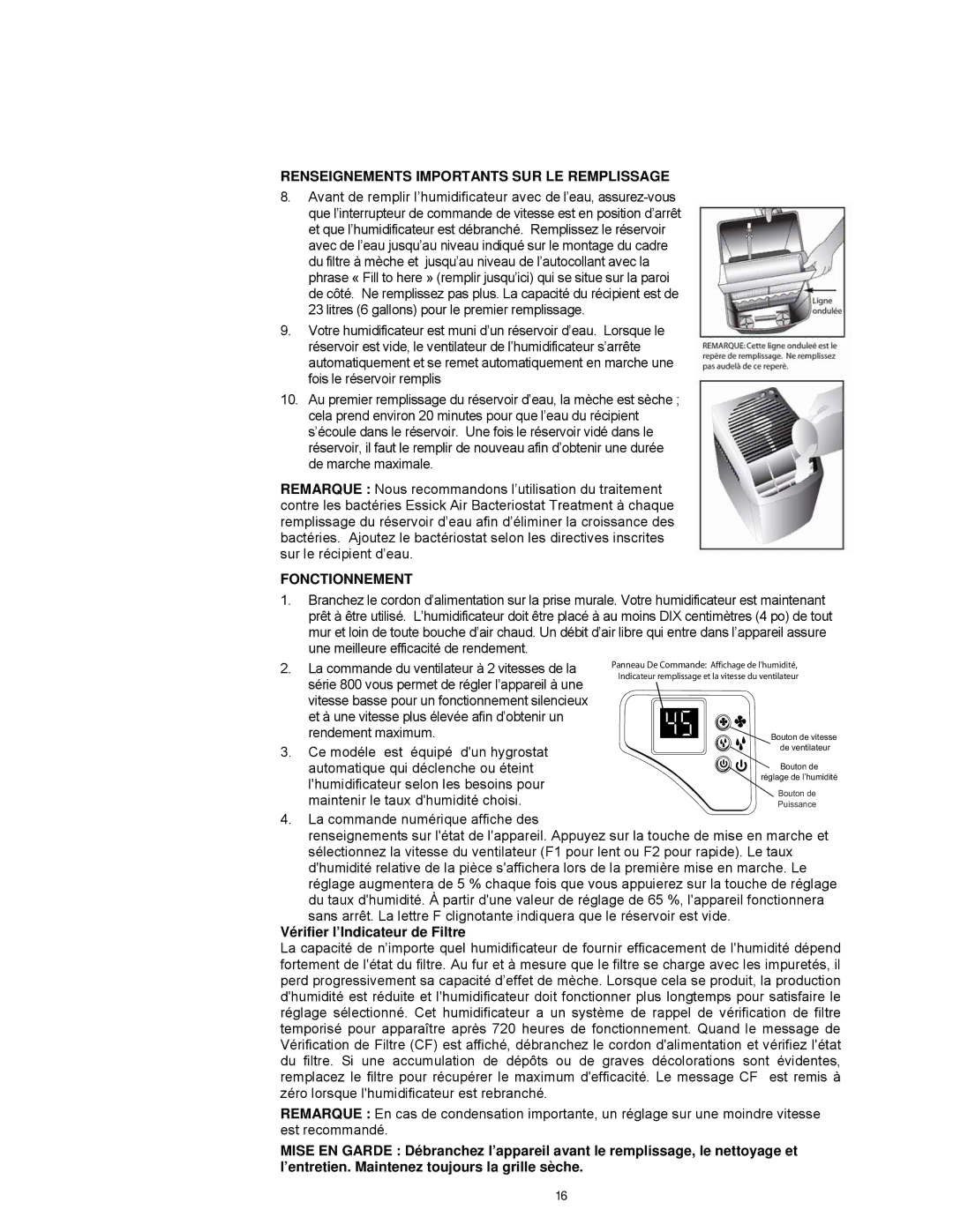 Essick Air 821 000 manual Renseignements Importants SUR LE Remplissage, Fonctionnement 