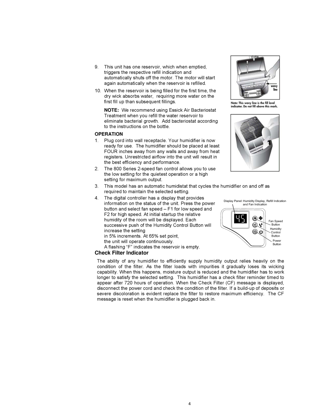 Essick Air 821 000 manual Check Filter Indicator, Operation 