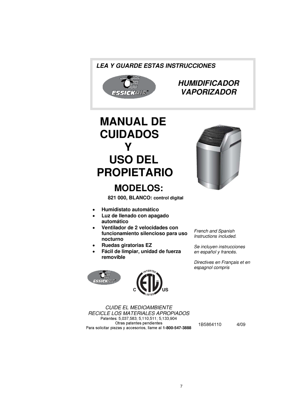 Essick Air 821 000 manual Manual DE Cuidados Y USO DEL Propietario 