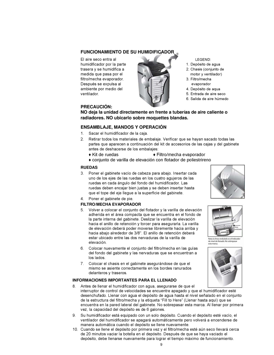 Essick Air 821 000 manual Funcionamiento DE SU Humidificador, Precaución, ENSAMBLAJE, Mandos Y Operación 