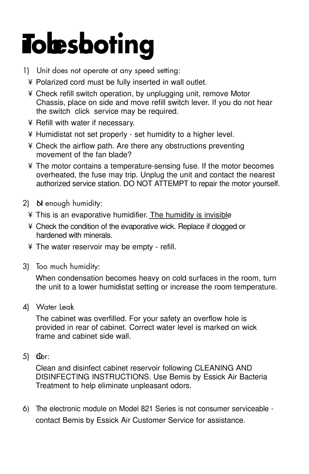 Essick Air 826 800 manual Troubleshooting 