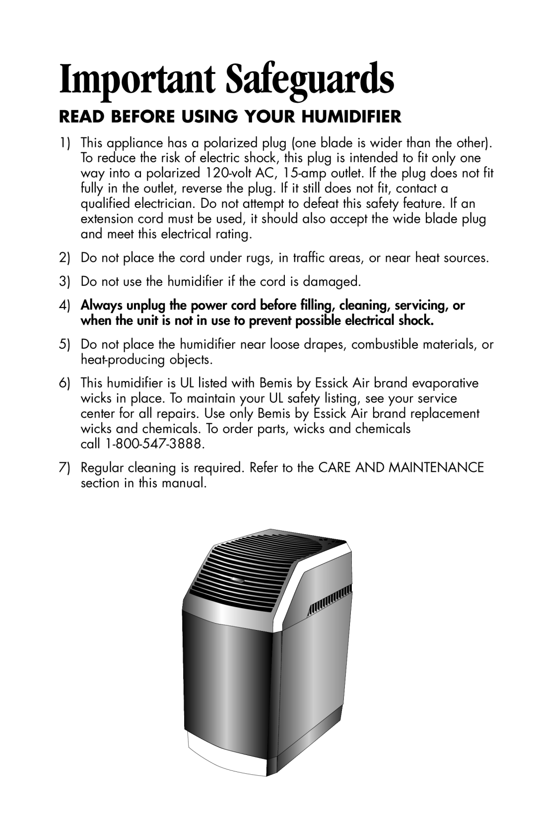 Essick Air 826 800 manual Important Safeguards, Read Before Using Your Humidifier 