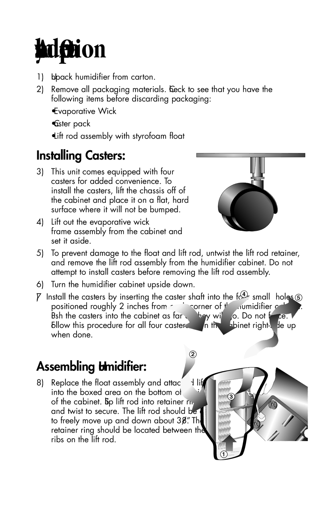 Essick Air 826 800 manual Assembly and Operation, Installing Casters, Assembling Humidifier 