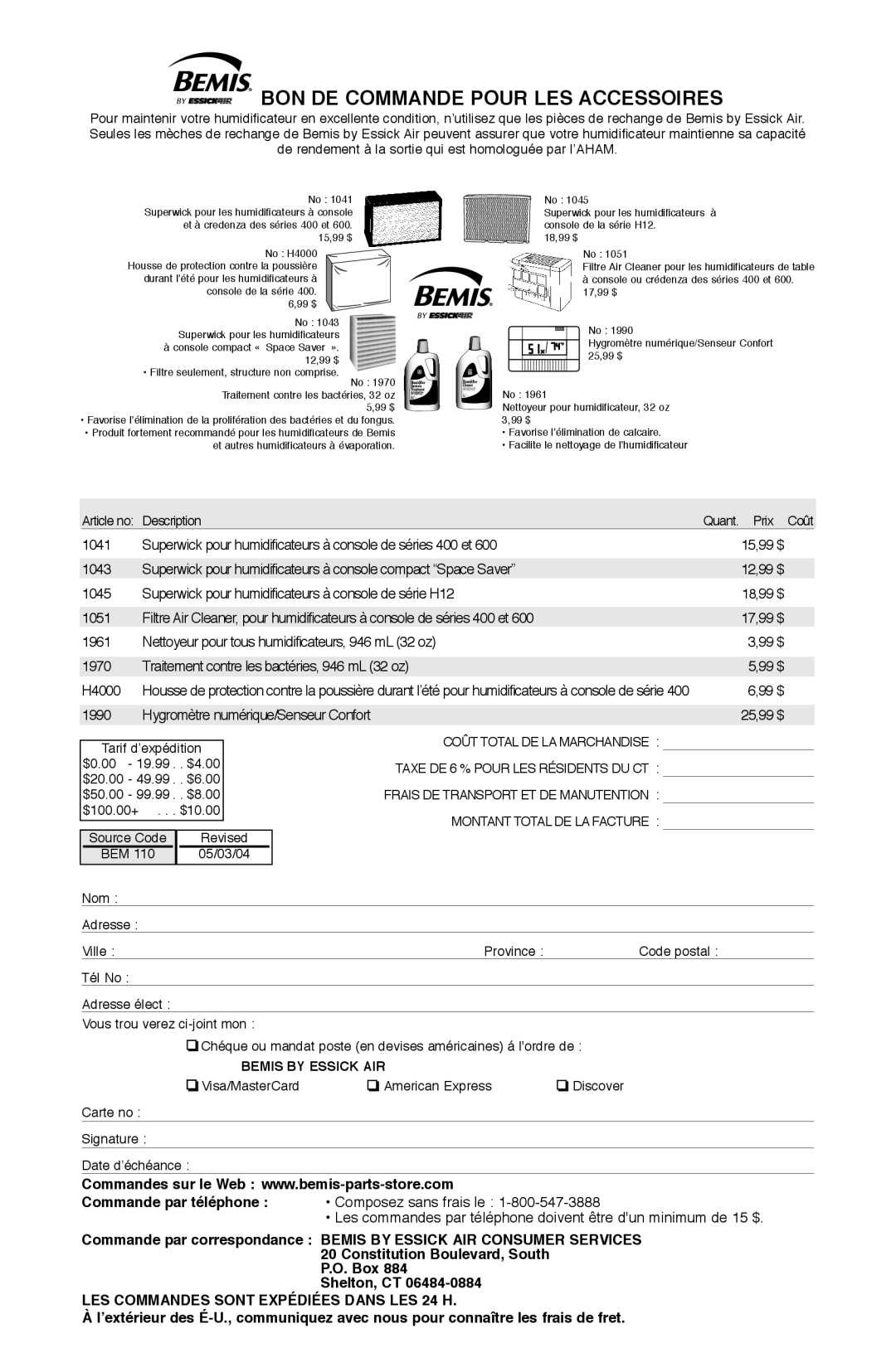Essick Air 826 800 manual BON DE Commande Pour LES Accessoires 
