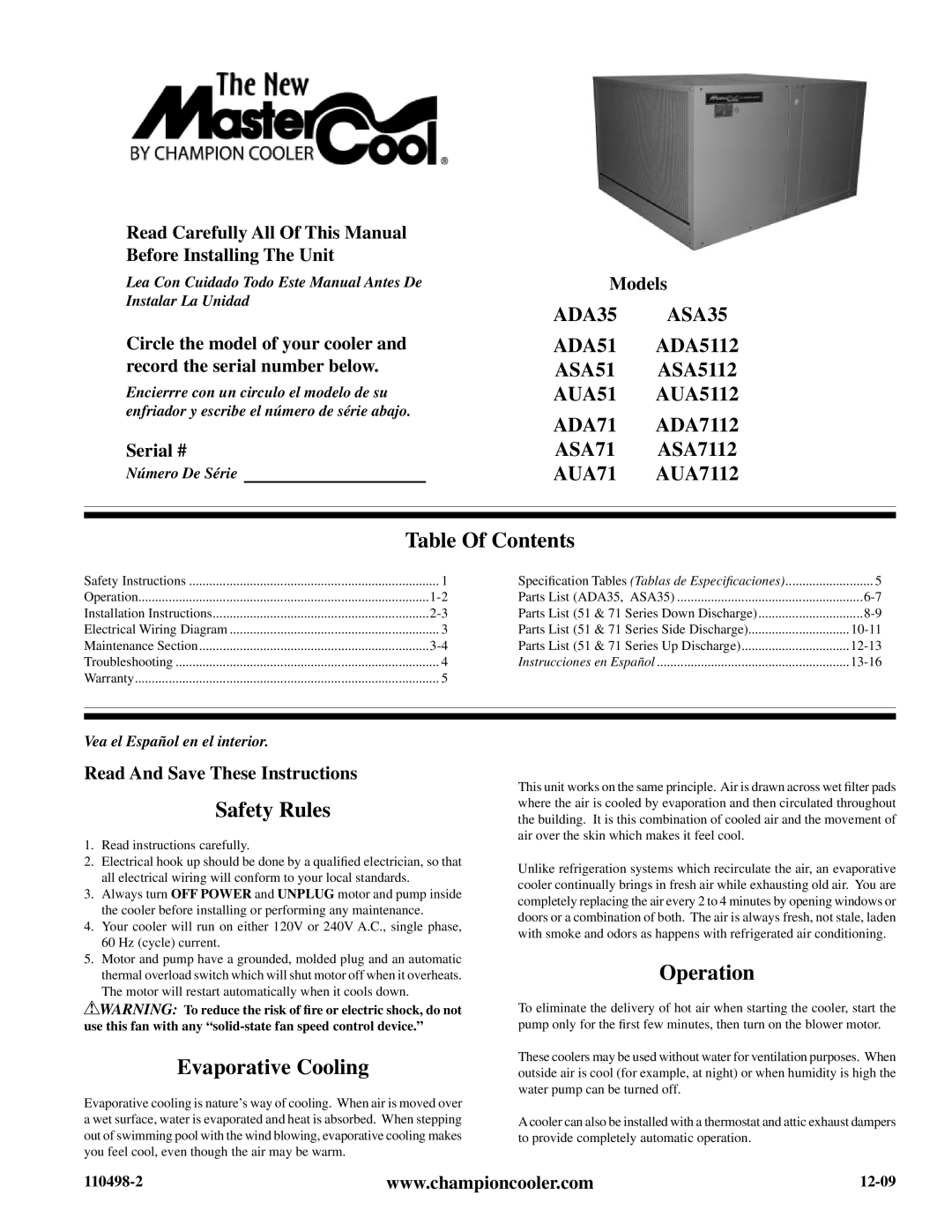 Essick Air ADA5112, ADA71, ADA35 installation instructions Table Of Contents, Safety Rules, Evaporative Cooling, Operation 