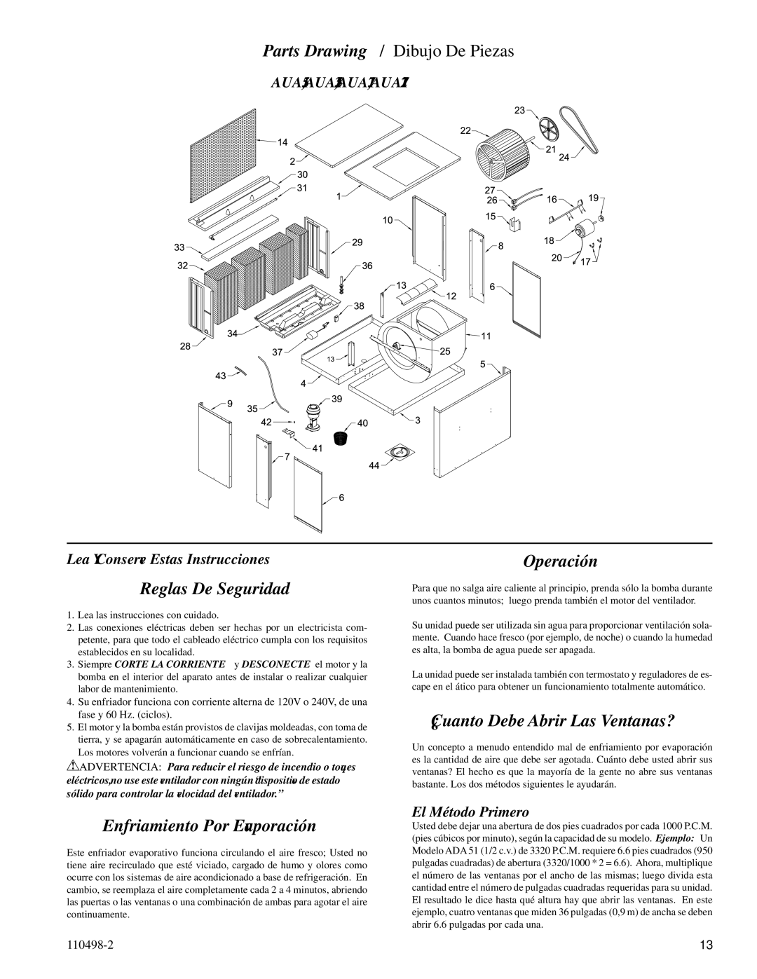 Essick Air ASA5112, ADA51 Reglas De Seguridad, Operación, ¿Cuanto Debe Abrir Las Ventanas?, Enfriamiento Por Evaporación 