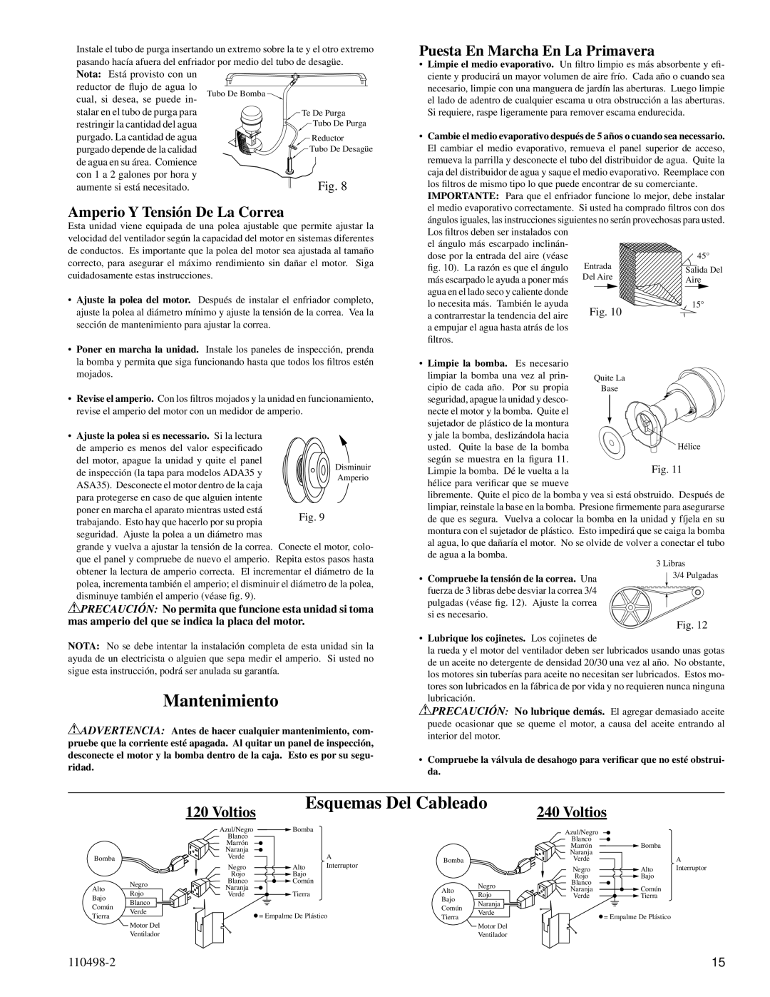 Essick Air ADA5112 Mantenimiento, Esquemas Del Cableado, Puesta En Marcha En La Primavera, Amperio Y Tensión De La Correa 