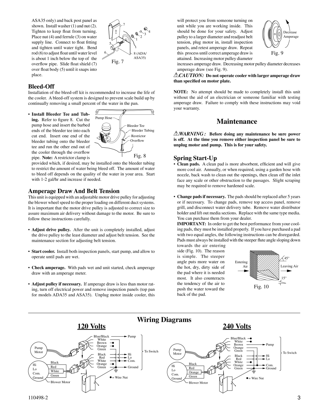 Essick Air ADA7112, ADA51 Maintenance, Volts Wiring Diagrams, Bleed-Off, Amperage Draw And Belt Tension, Spring Start-Up 