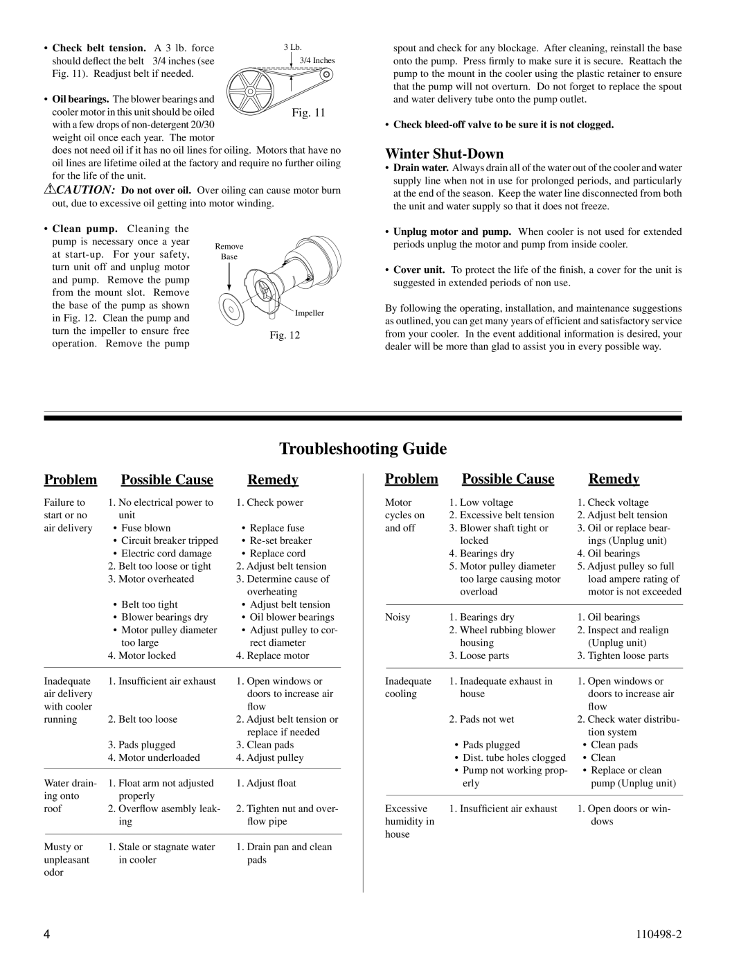 Essick Air ADA35, ADA5112 Troubleshooting Guide, Winter Shut-Down, Problem Possible Cause Remedy, Check belt tension 