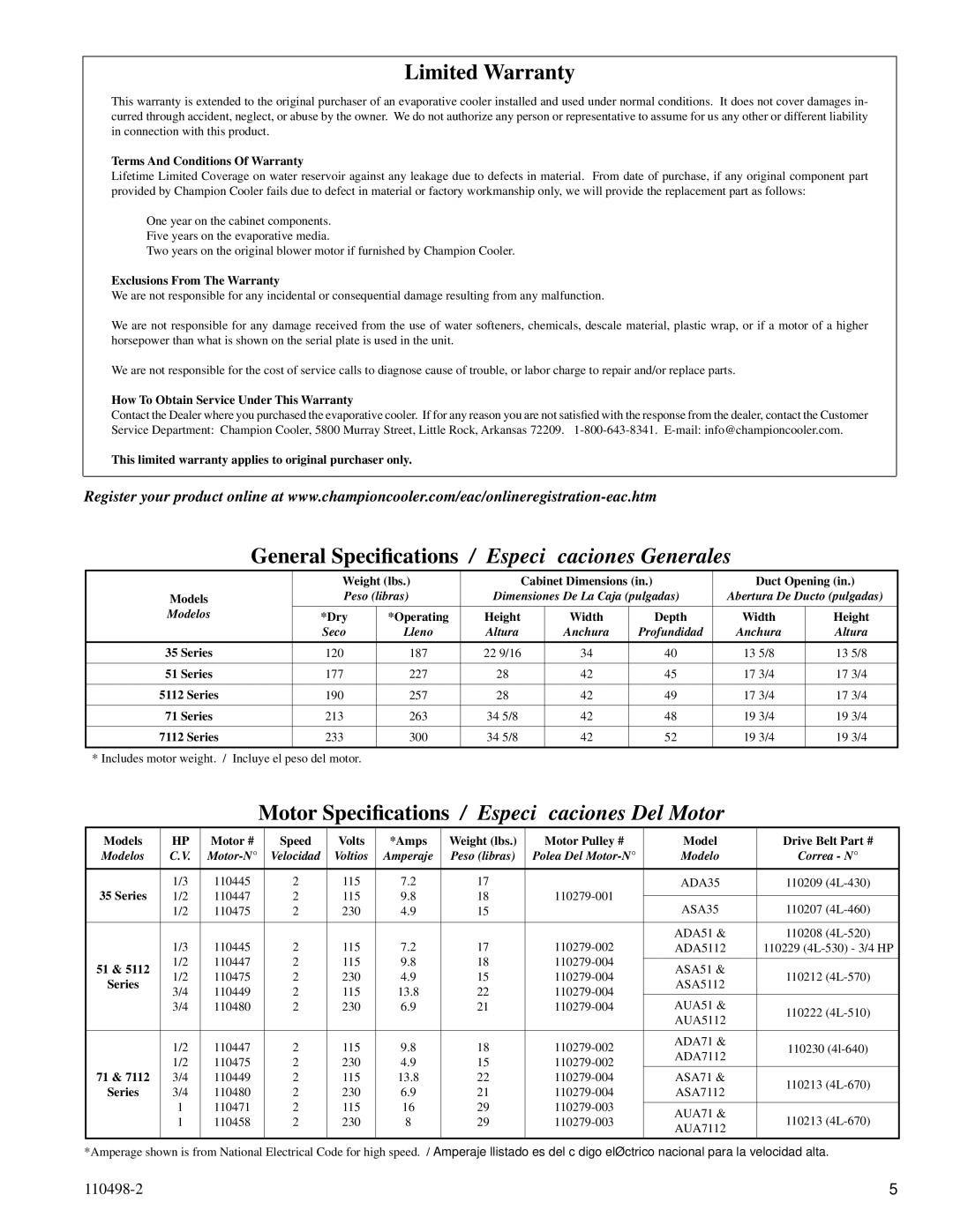 Essick Air AUA7112, ADA5112, ADA7112, ADA35, ASA7112, ASA35, ASA51, AUA5112 Limited Warranty, General Speciﬁcations 