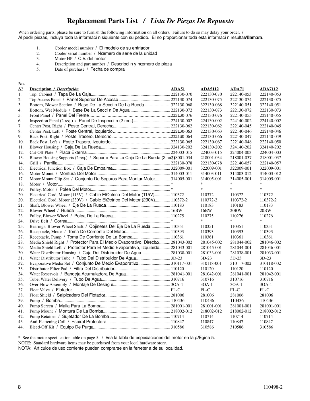 Essick Air ADA35, AUA7112, ASA7112, ASA35, AUA5112, ASA5112 installation instructions ADA5112, ADA7112 