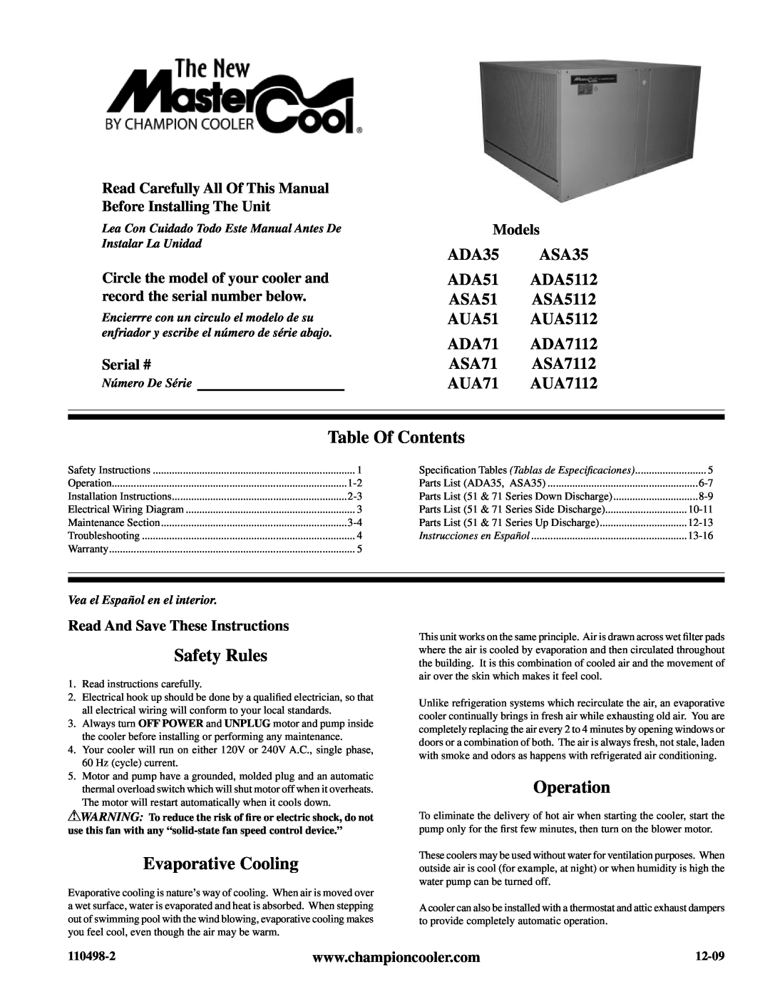 Essick Air ADA5112 installation instructions Table Of Contents, Safety Rules, Evaporative Cooling, Operation, ADA35, ASA35 