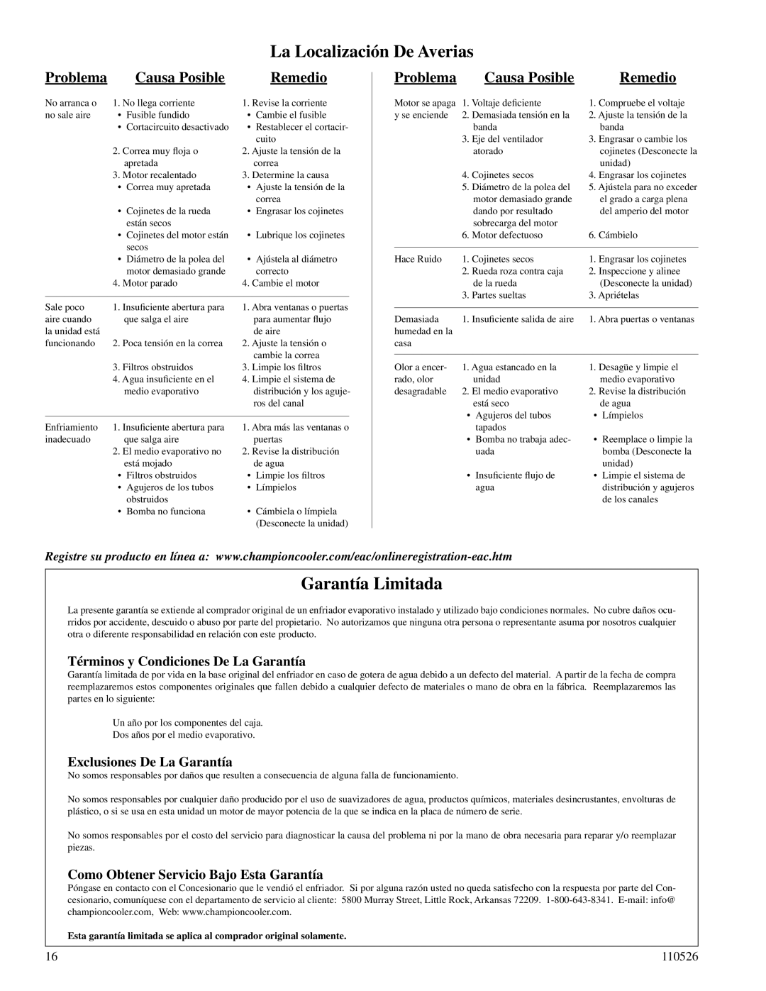 Essick Air AD10012, AS20012, AS15012, AS100 La Localización De Averias, Garantía Limitada, Problema Causa Posible Remedio 