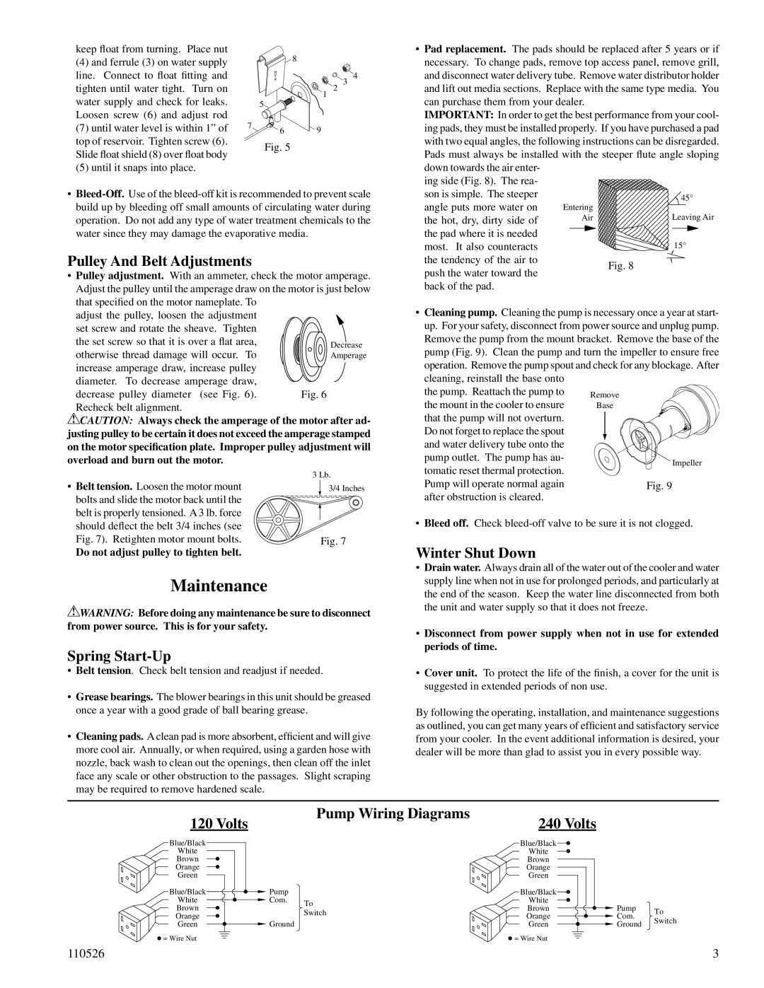 Essick Air SAD150 Maintenance, Pulley And Belt Adjustments, Spring Start-Up, Winter Shut Down, Volts Pump Wiring Diagrams 