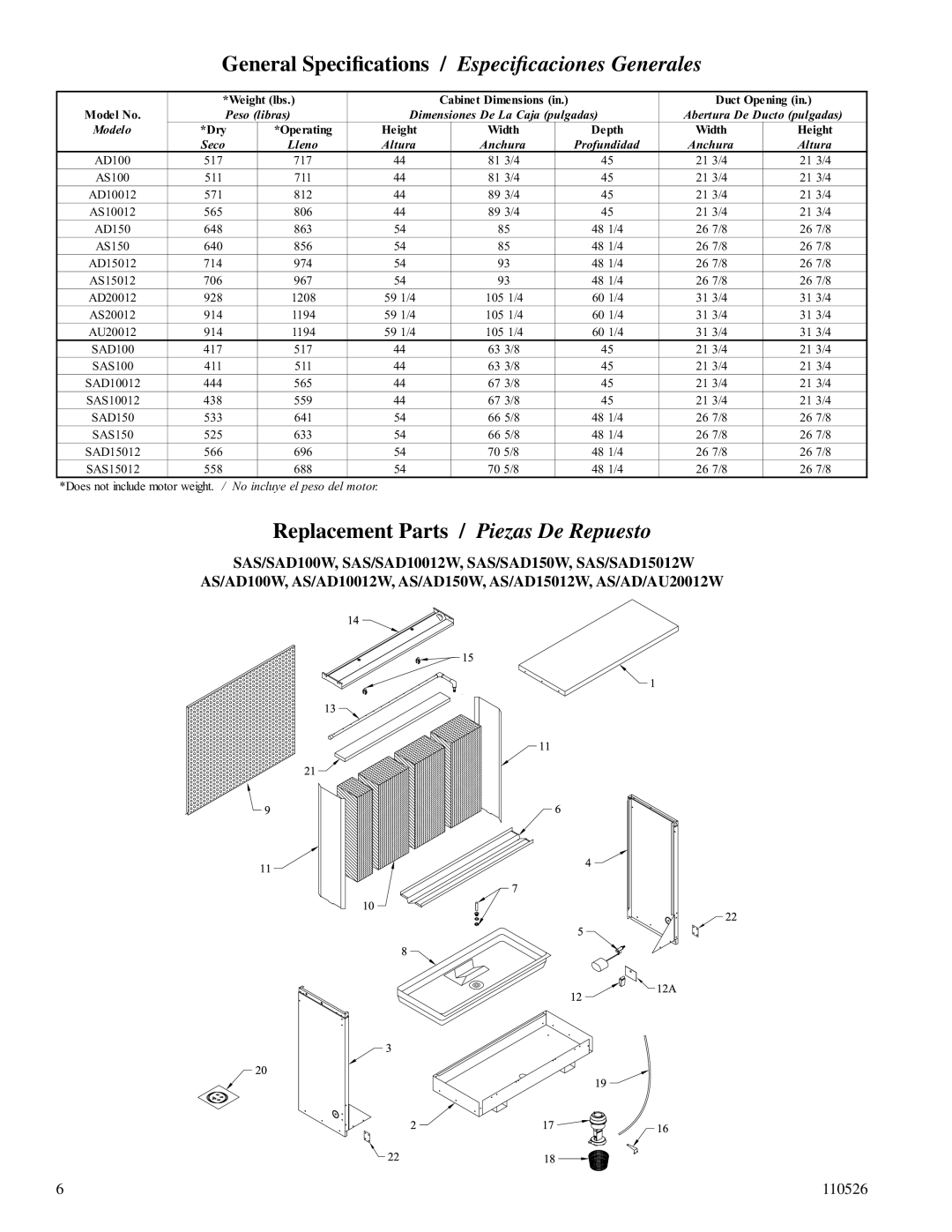 Essick Air SAS100, AS20012, AS15012 General Speciﬁcations, Replacement Parts / Piezas De Repuesto, Weight lbs, Dry, Height 