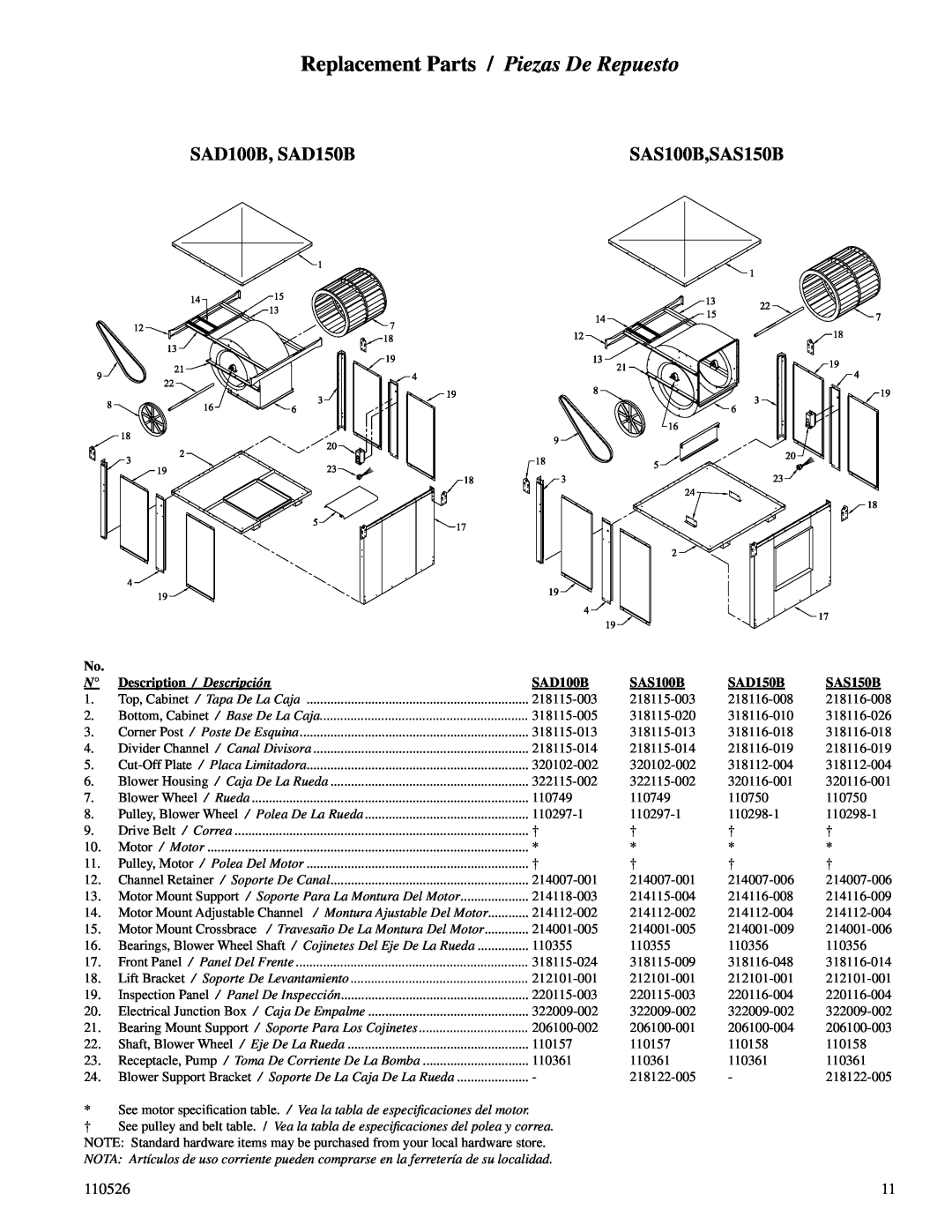 Essick Air Replacement Parts / Piezas De Repuesto, SAD100B, SAD150B, SAS100B,SAS150B, 110526, Description / Descripción 