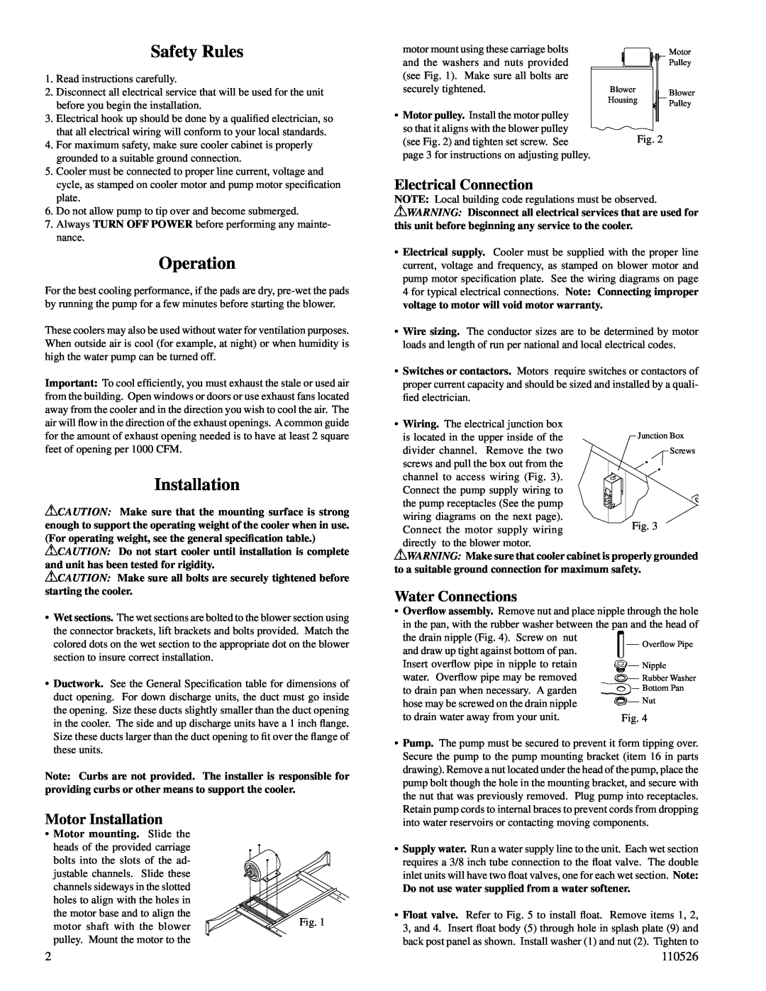 Essick Air AS100, SAD150 Safety Rules, Operation, Motor Installation, Electrical Connection, Water Connections, 110526 
