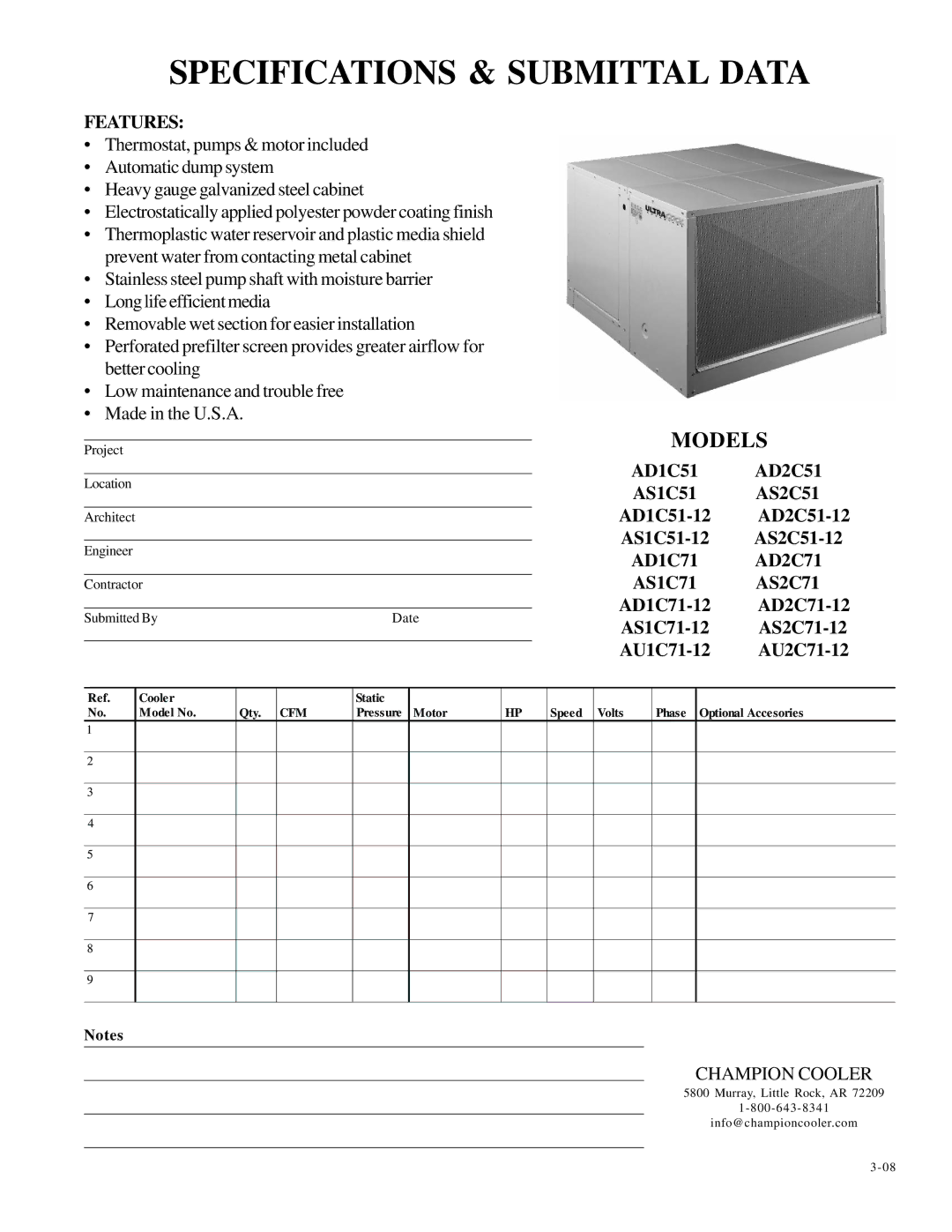 Essick Air AD1C51-12, AS2C51 specifications Specifications & Submittal Data, Models, Features, Champion Cooler 