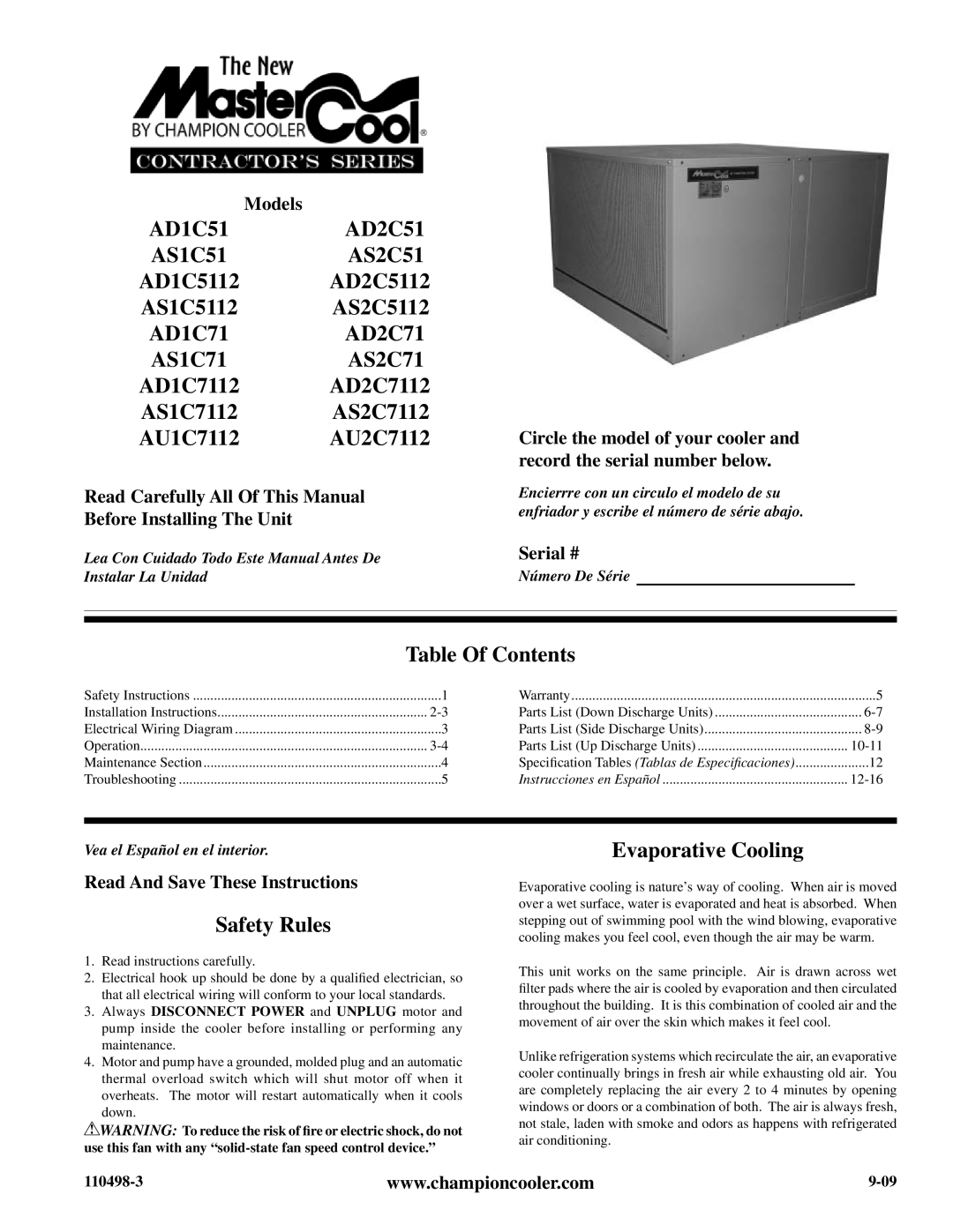 Essick Air AS1C5112, AS2C71, AS1C7112, AD2C71 installation instructions Table Of Contents, Safety Rules, Evaporative Cooling 