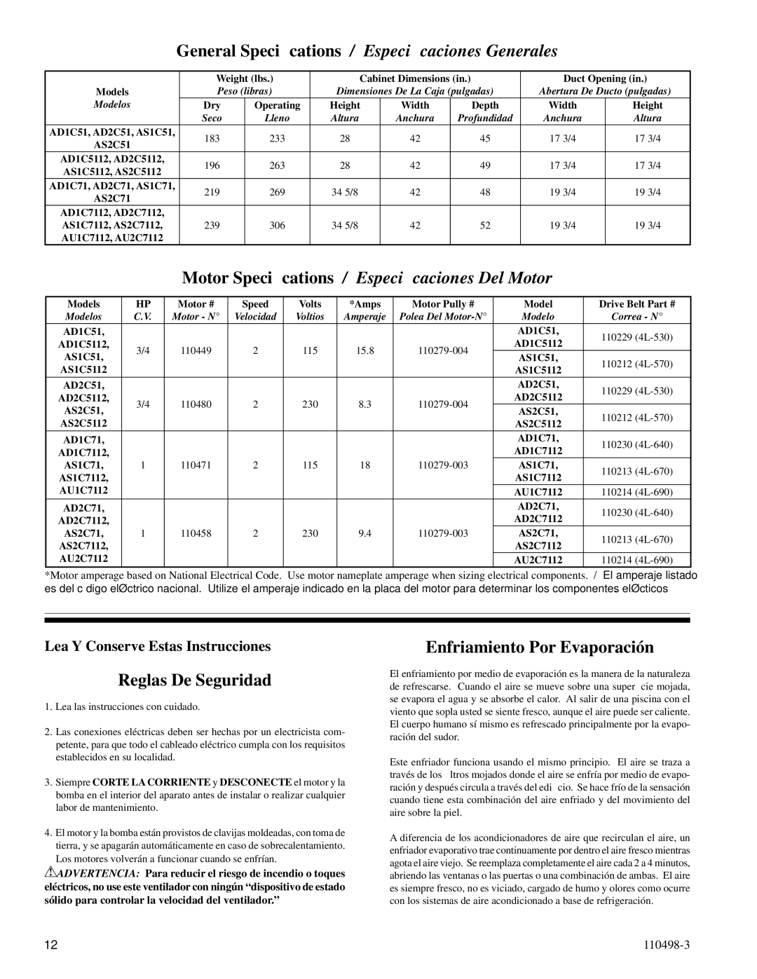 Essick Air AD2C51, AS2C71, AS1C5112 Reglas De Seguridad, Enfriamiento Por Evaporación, Lea Y Conserve Estas Instrucciones 
