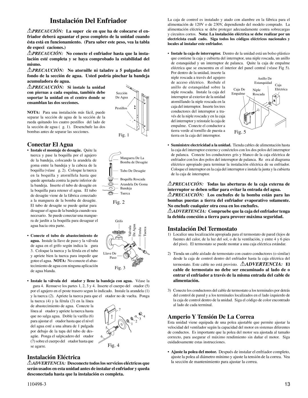 Essick Air AU1C7112, AS2C71 Instalación Del Enfriador, Conectar El Agua, Instalación Del Termostato, Instalación Eléctrica 