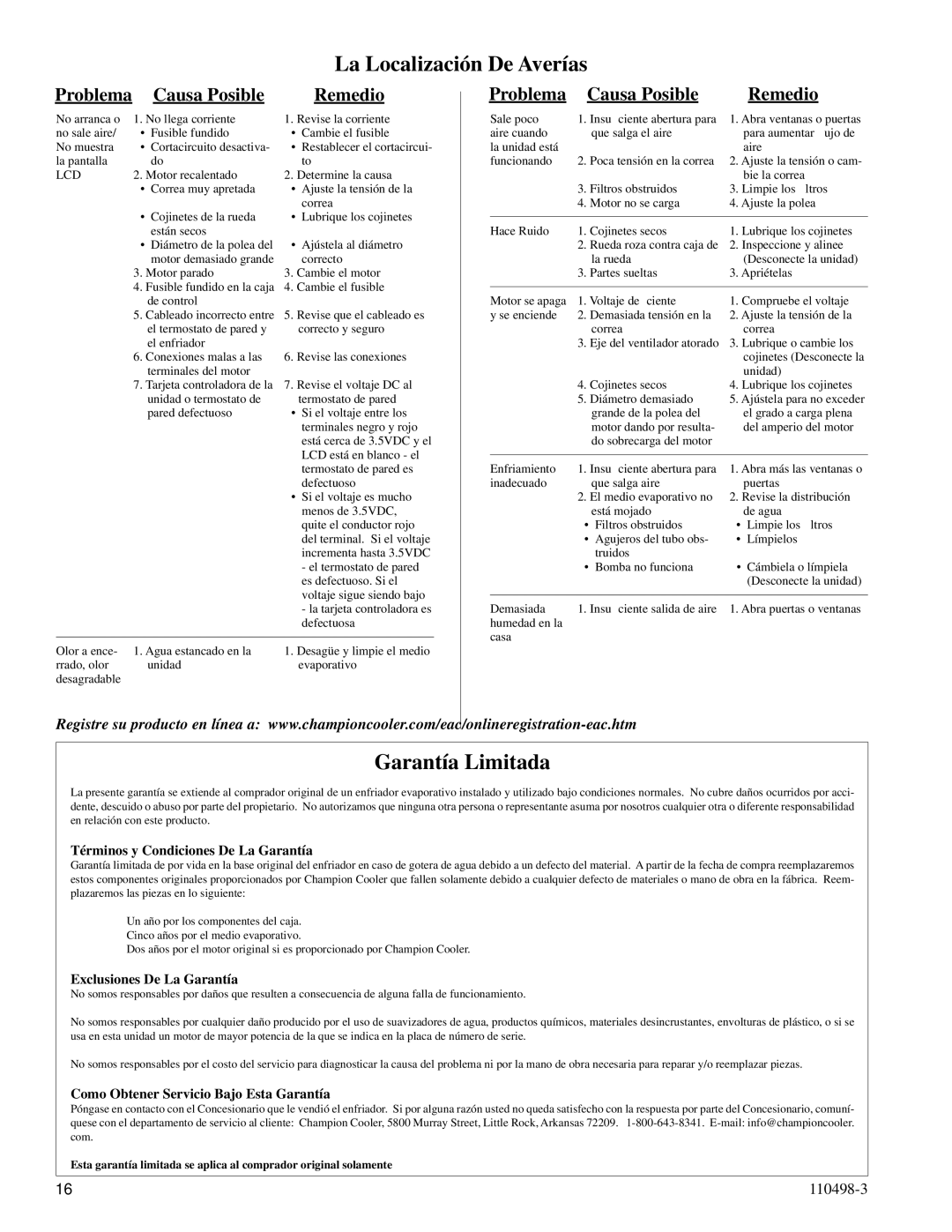 Essick Air AS2C71, AS1C5112, AS1C7112, AD2C71 La Localización De Averías, Garantía Limitada, Problema Causa Posible Remedio 