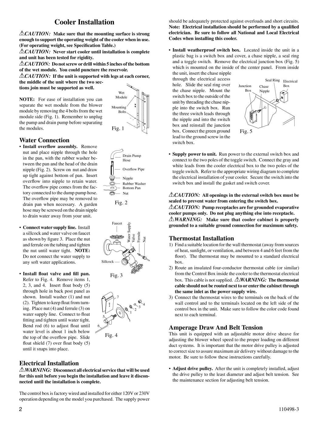 Essick Air AS1C51, AS2C71 Cooler Installation, Water Connection, Thermostat Installation, Amperage Draw And Belt Tension 