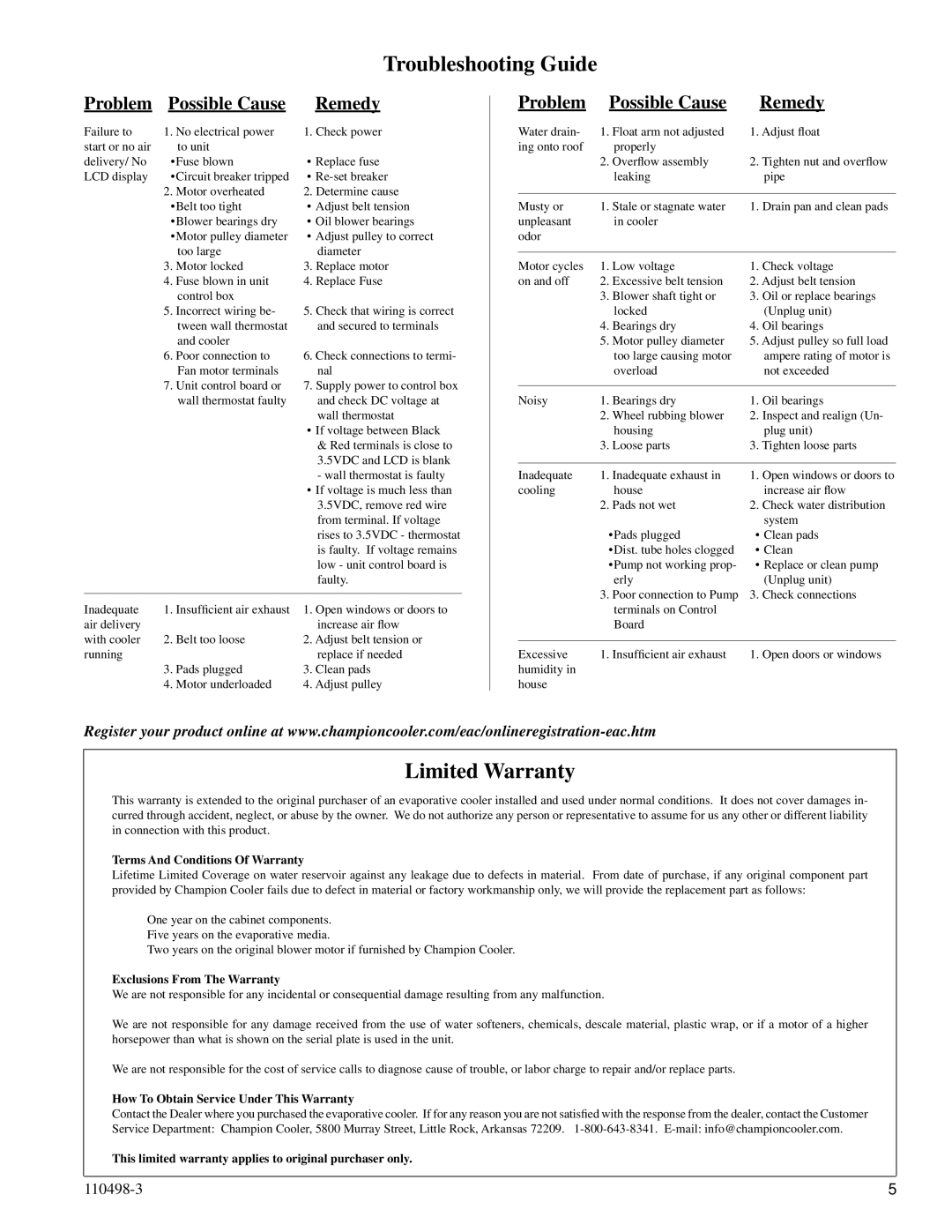 Essick Air AD2C7112, AS2C71, AS1C5112, AS1C7112 Troubleshooting Guide, Limited Warranty, Problem Possible Cause Remedy 