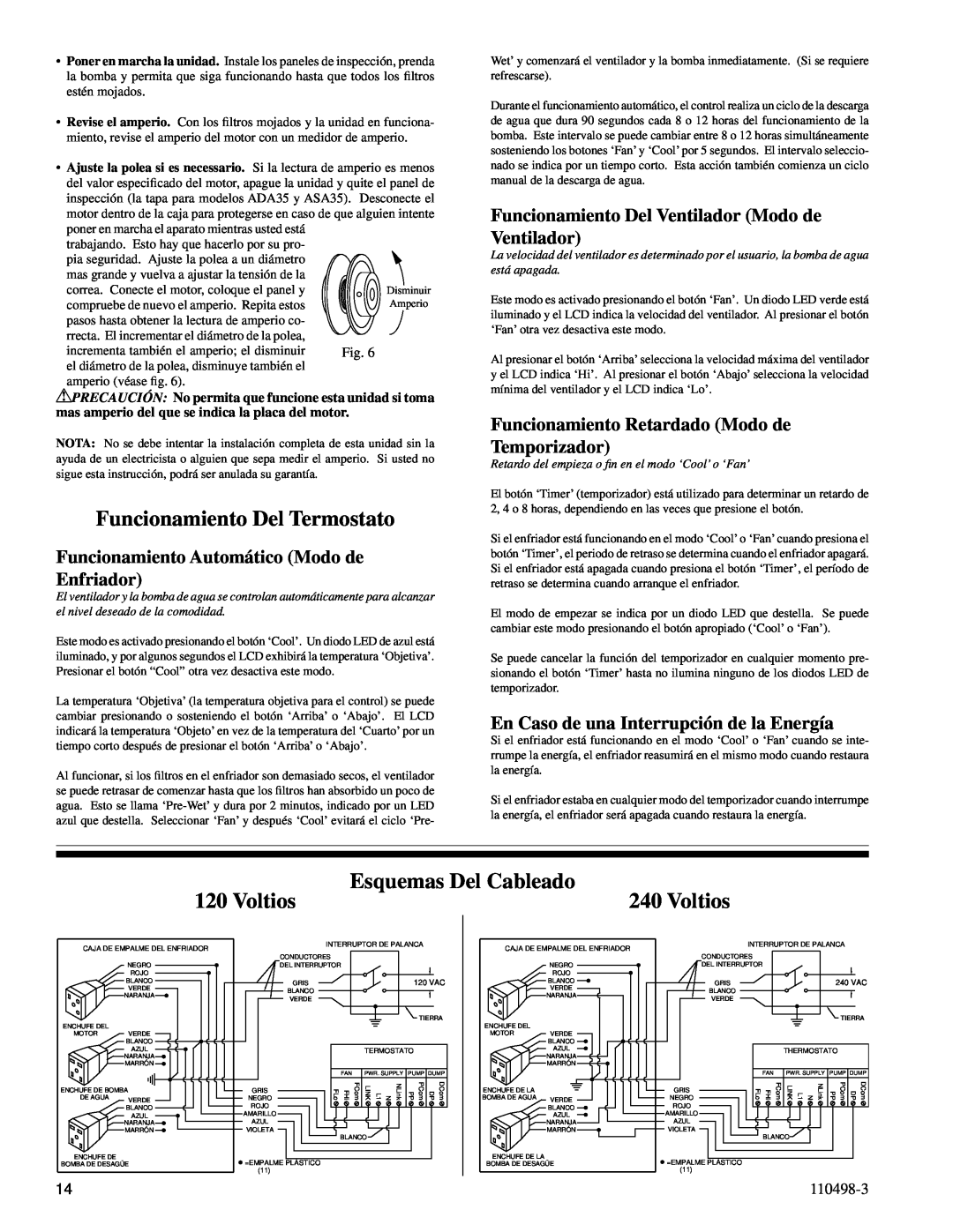 Essick Air AD1C71 Funcionamiento Del Termostato, Voltios, Esquemas Del Cableado, En Caso de una Interrupción de la Energía 