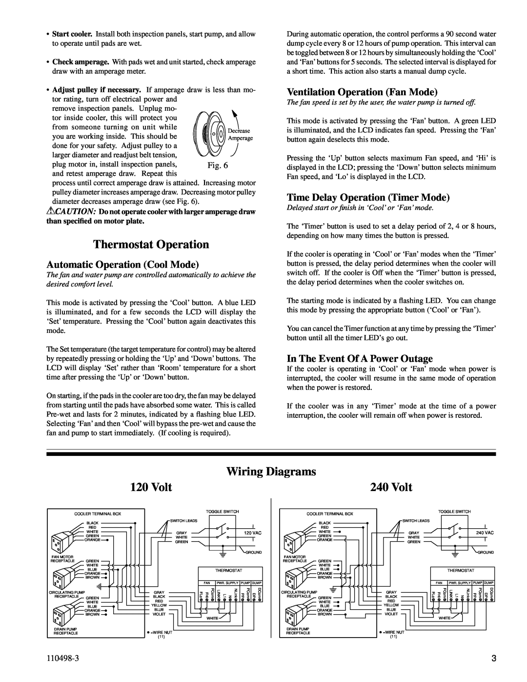Essick Air AS1C7112, AS2C71, AS1C51 Thermostat Operation, Wiring Diagrams 120 Volt, Automatic Operation Cool Mode, 110498-3 