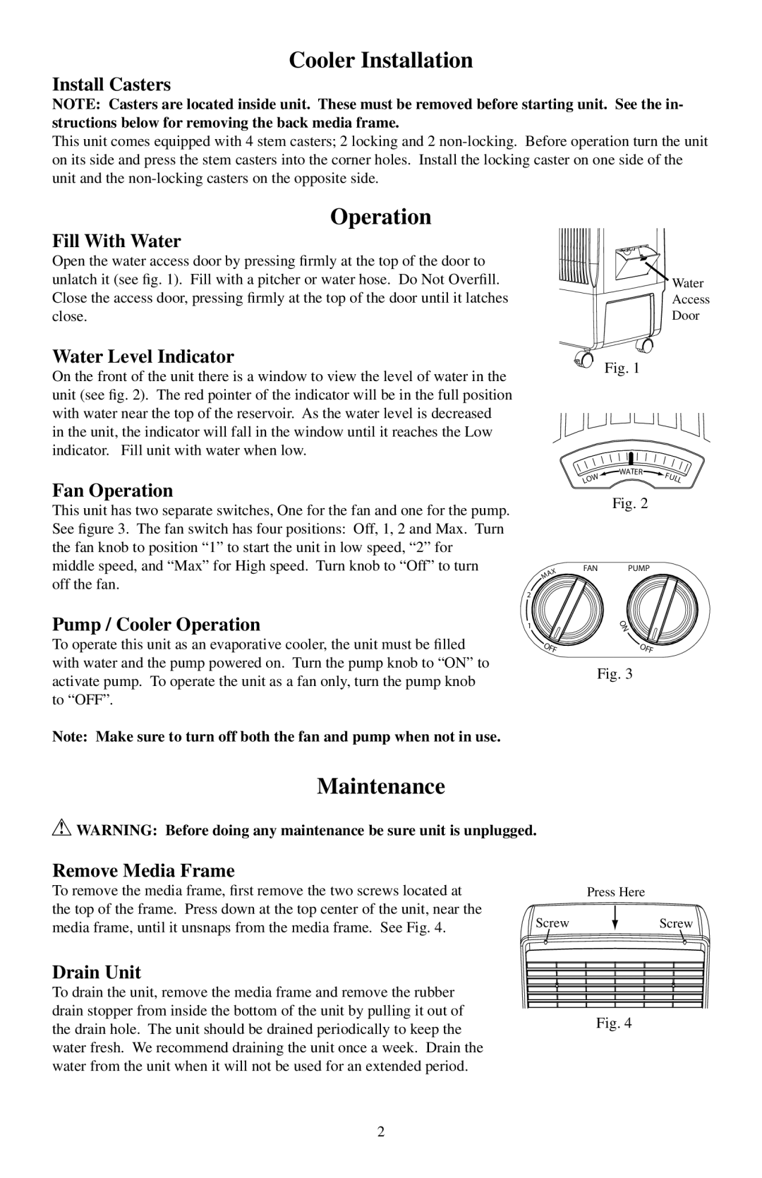 Essick Air CP20 manual Cooler Installation, Operation, Maintenance 