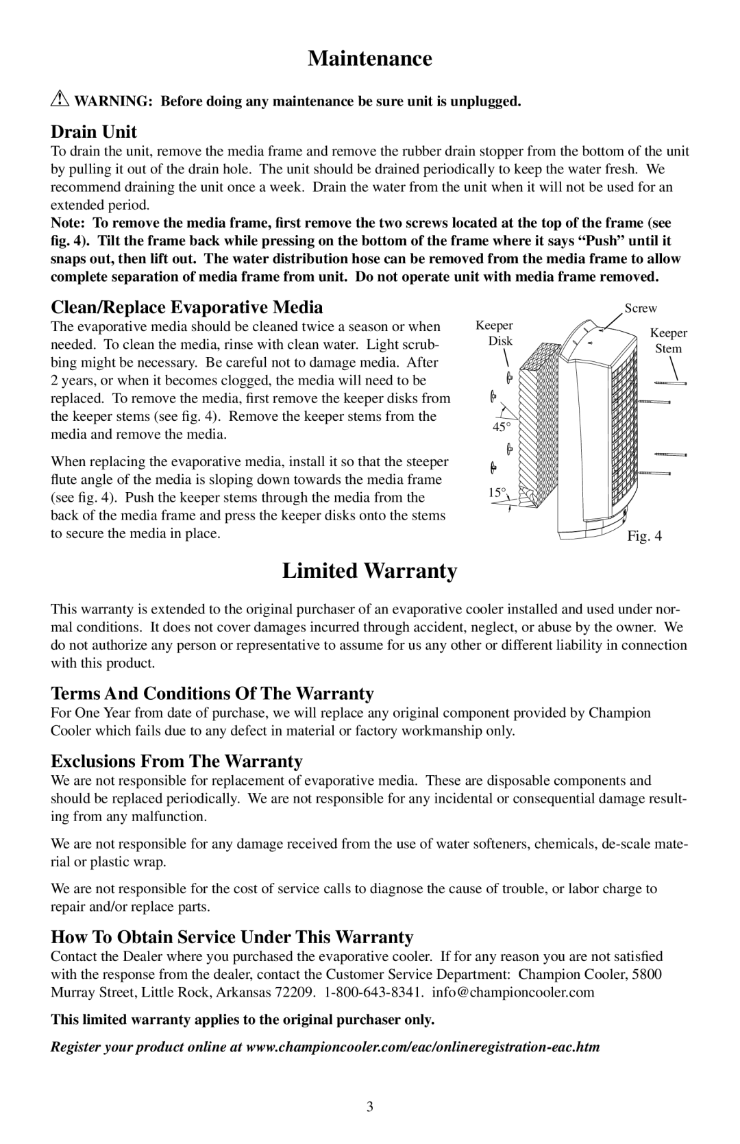 Essick Air CP70 manual Maintenance, Limited Warranty 