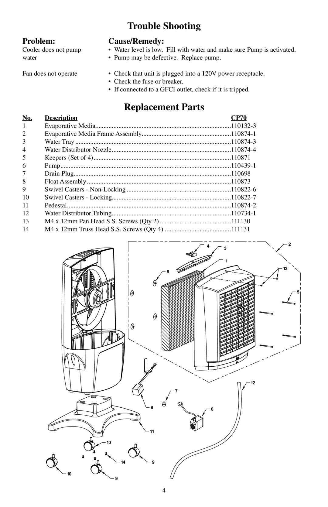 Essick Air manual Trouble Shooting, Replacement Parts, Problem Cause/Remedy, Description CP70 