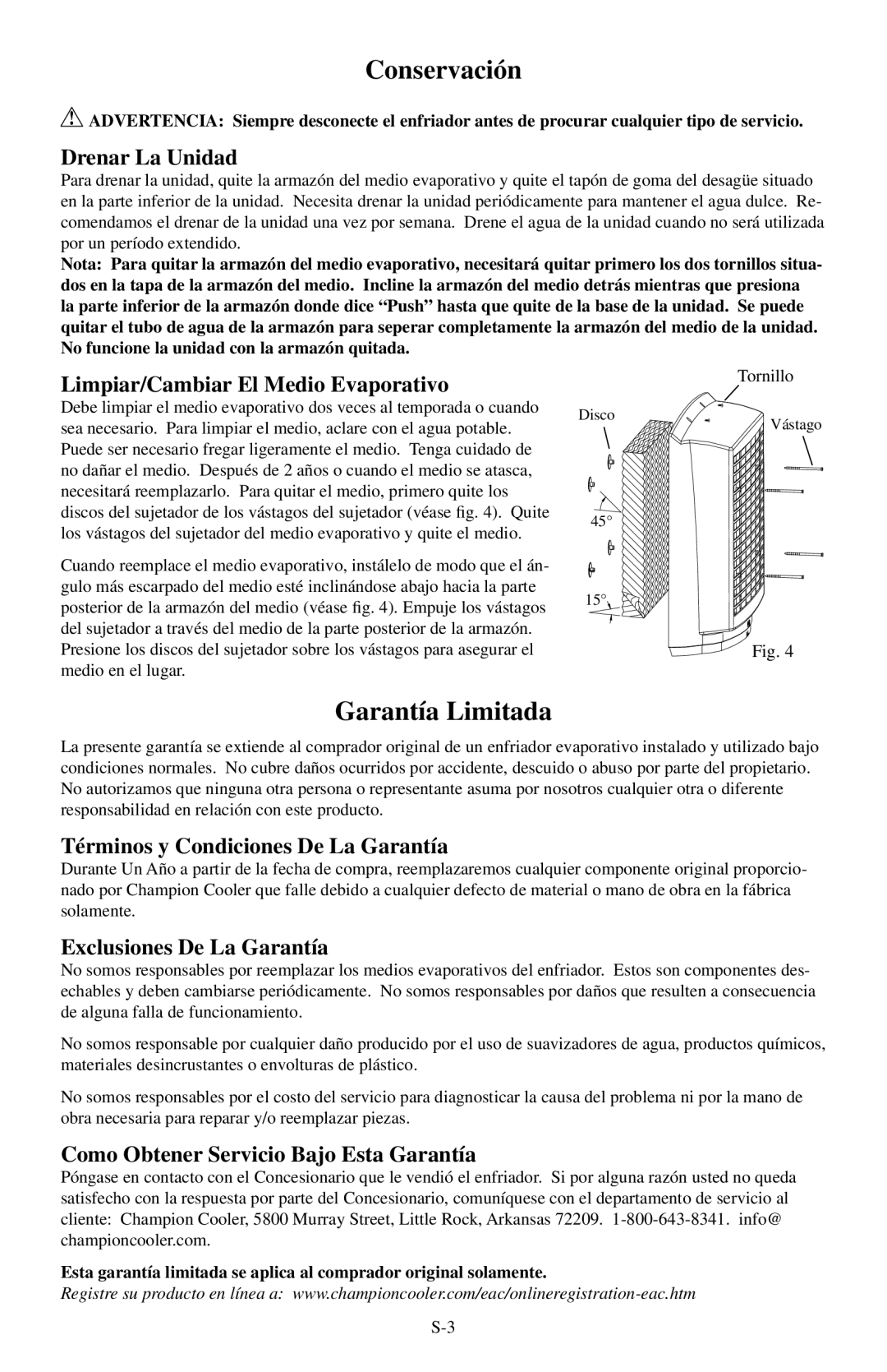 Essick Air CP70 manual Conservación, Garantía Limitada 