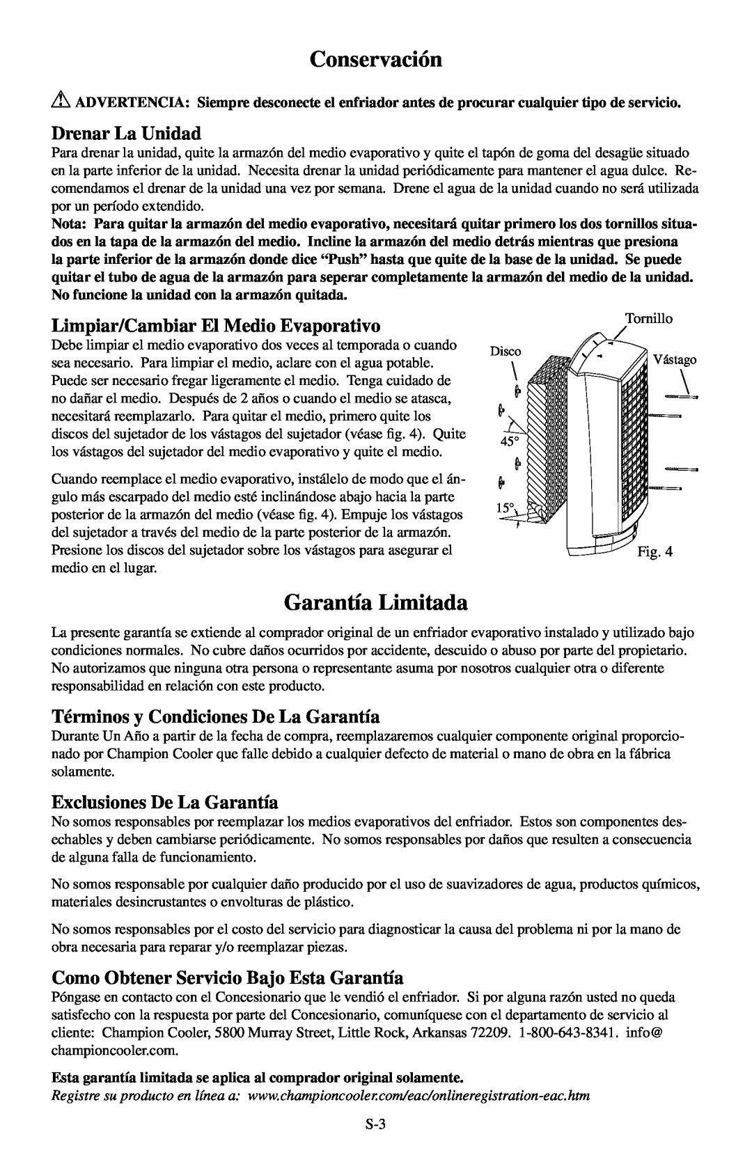 Essick Air CP70 manual Conservación, Garantía Limitada, Drenar La Unidad, Limpiar/Cambiar El Medio Evaporativo 