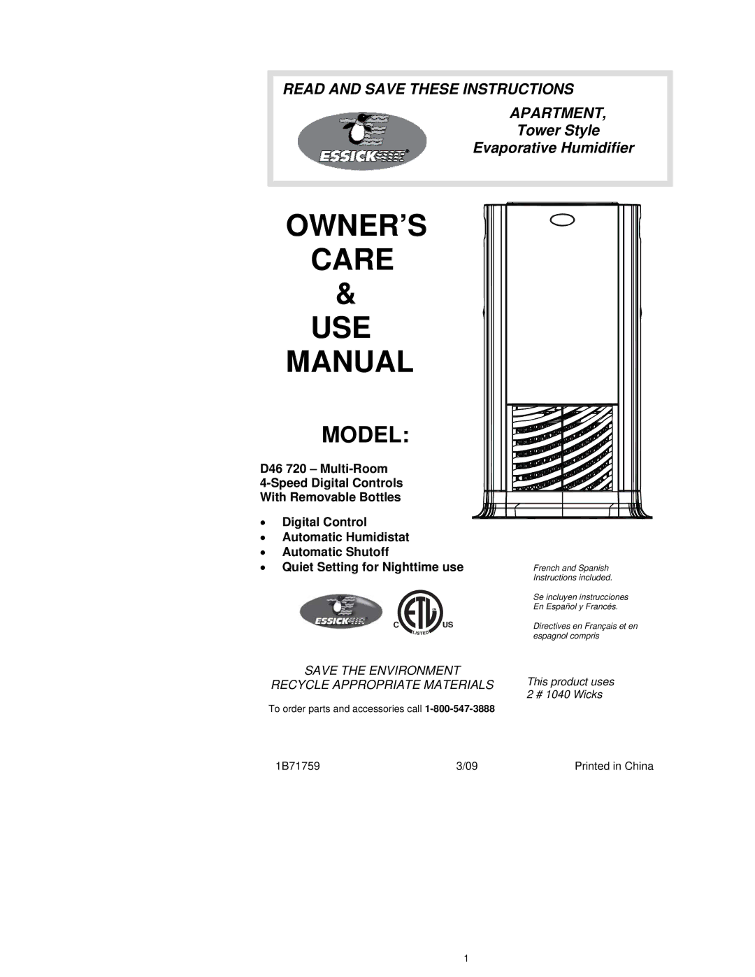 Essick Air D46 720 manual OWNER’S Care USE Manual 