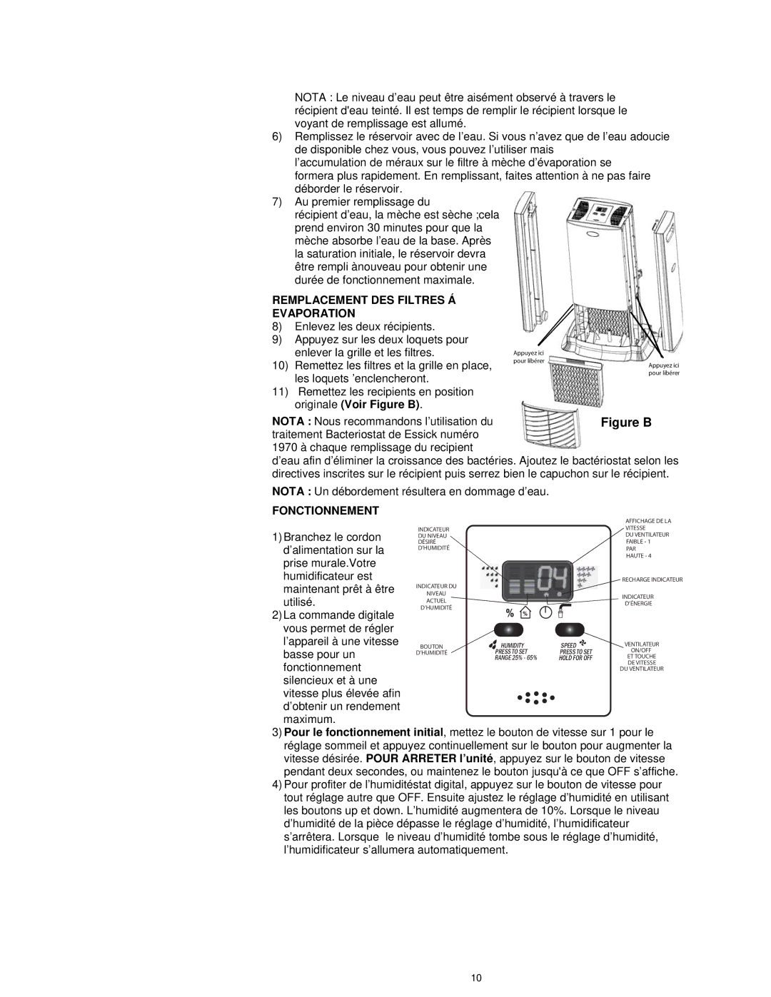 Essick Air D46 720 manual Remplacement DES Filtres Á Evaporation, Fonctionnement 