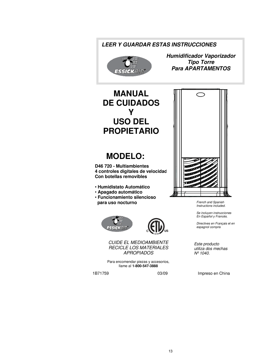 Essick Air D46 720 manual Manual DE Cuidados USO DEL Propietario Modelo 