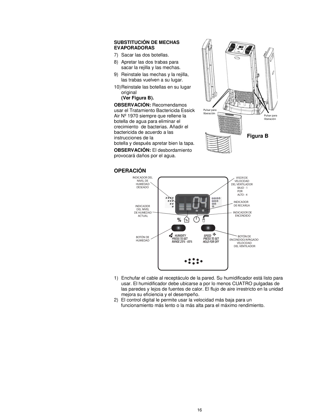 Essick Air D46 720 manual Substitución DE Mechas Evaporadoras, Sacar las dos botellas 