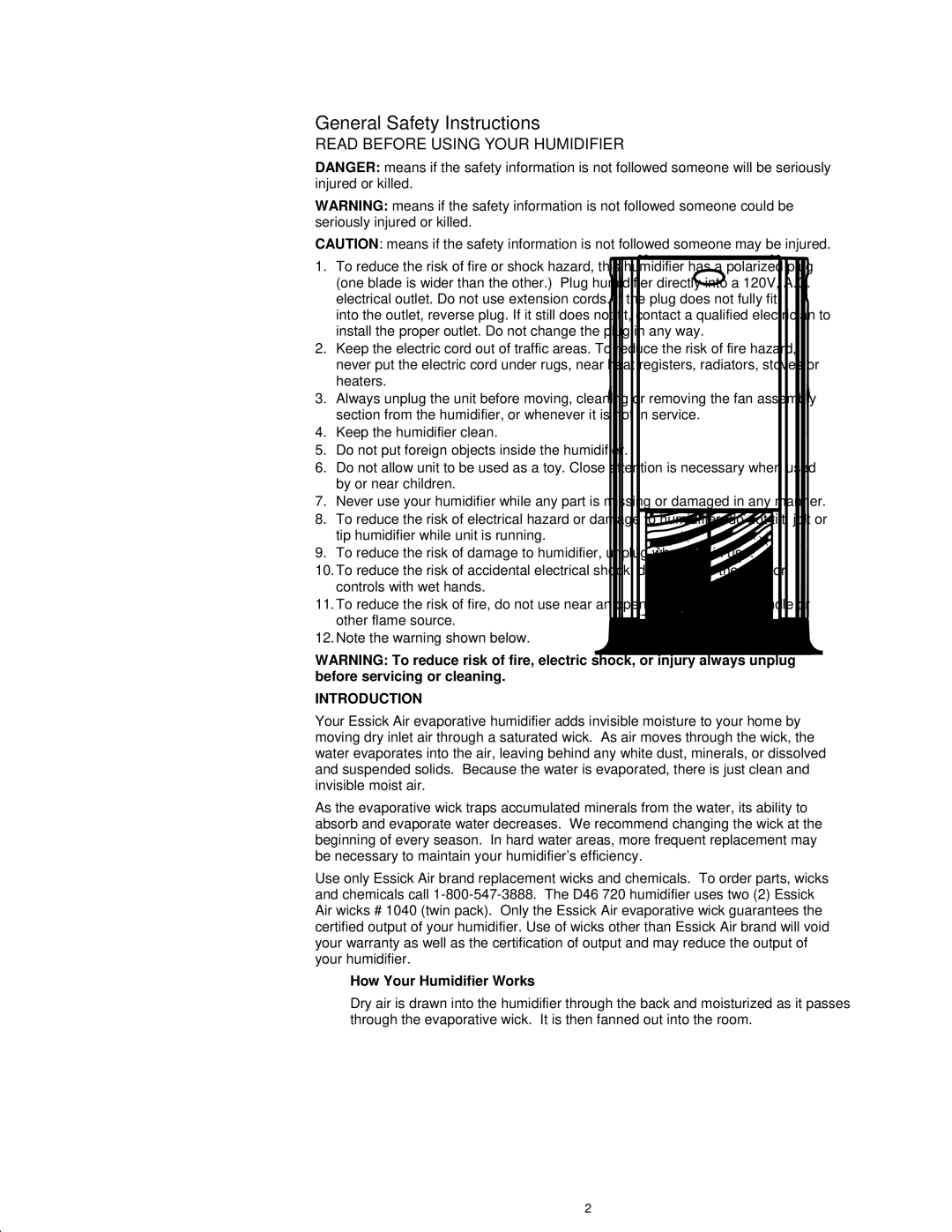 Essick Air D46 720 manual General Safety Instructions, Introduction 