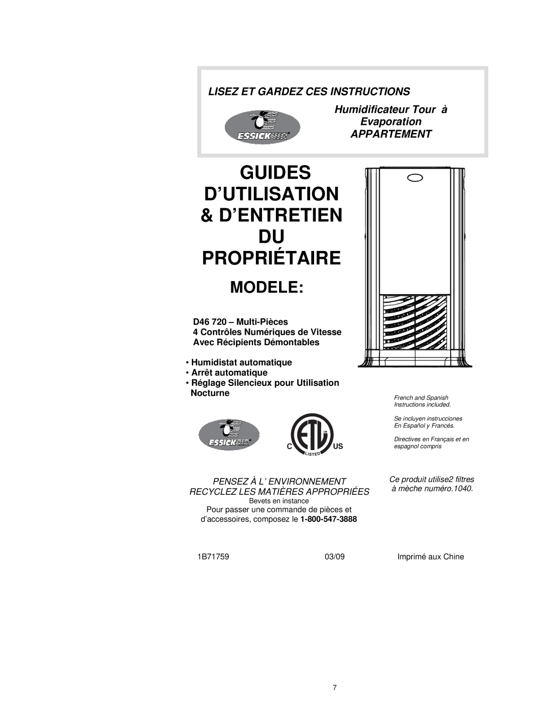 Essick Air D46 720 manual Guides ’UTILISATION ’ENTRETIEN DU Propriétaire 