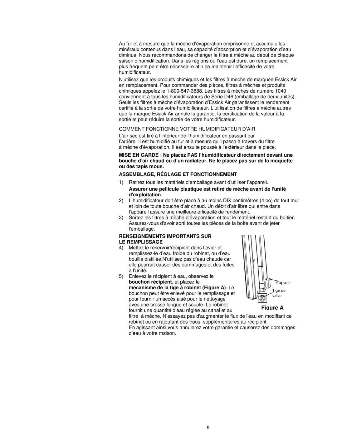 Essick Air D46 720 manual ASSEMBLAGE, Réglage ET Fonctionnement, Renseignements Importants SUR LE Remplissage 